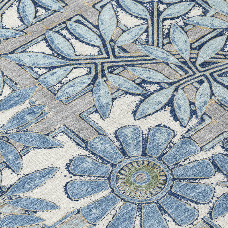 Machine Washable Indoor/Outdoor Chantille ACN2775 Floral Rug, Sky, 8' Round