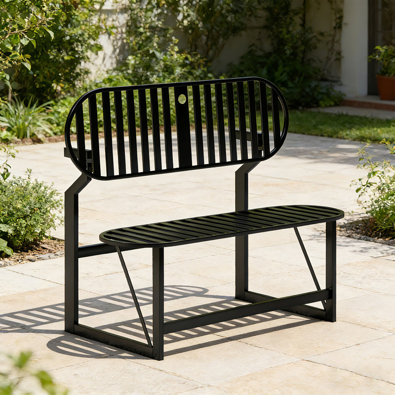 Banc convertible d'extérieur en métal, table et banc tout-en-un avec trou pour parasol, Noir