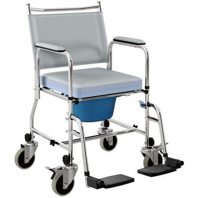 3 in 1 Shower Commode Wheelchair with 4 Lockable Wheels, Bedside Commode Chair with Arms, Footrests, Detachable Bucket, for Senior & Handicap, 300lbs Capacity, Gray