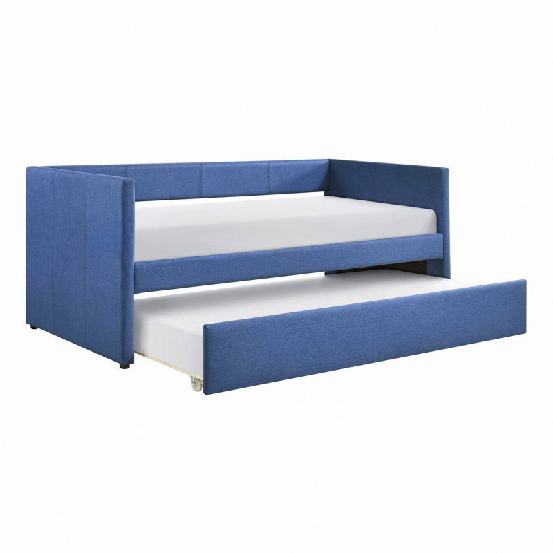 1Pc Daybed With Trundle Fabric Upholstery Wooden Frame Modern Home Furniture, Blue
