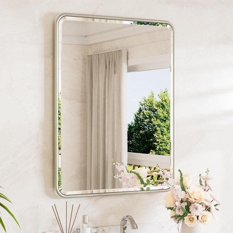 Miroir en nickel brossé pour salle de bain 22 x 30 Verre trempé à bords biseautés, Miroir de salle de bain, H 30 po x l 22 po