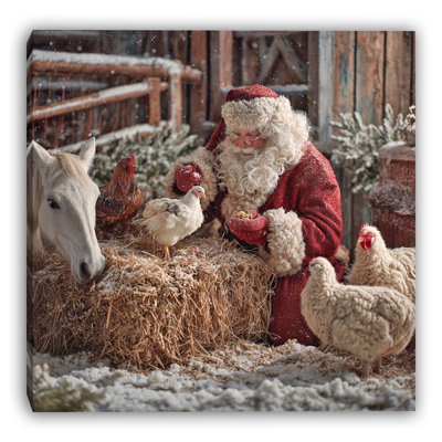 «Farmhouse Santa Nourrir les animaux», art mural sur toile tendue