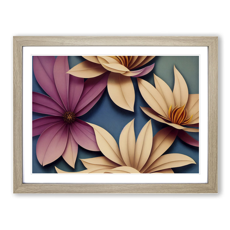 Blooming Flowers Art Deco - Single Picture Frame Print, 34cm H x 46cm W x 2cm D, Oak