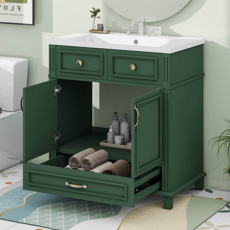 Ensemble de meuble-lavabo 30 po avec lavabo, 2 portes et 1 tiroir, Vert, Doré