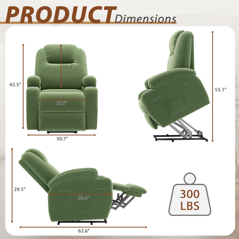 Corduroy Power Massage Recliner With Remote Angle Adjustment, Green