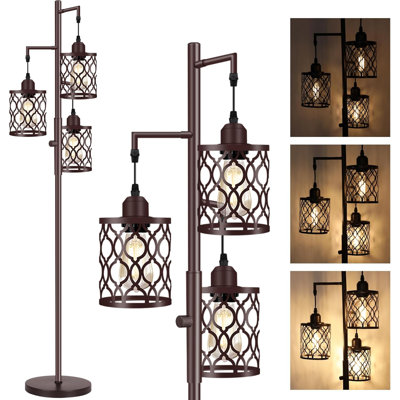 68" Farmhouse Floor Lamp, Dimmable Industrial Floor Lamps For Living Room, 3 Light Rustic Standing Tall Lamp Including 3 PCS 6W E26 Bulbs, Tree Floor Lamp For Bedrooms Room, Office, Bar, Brown