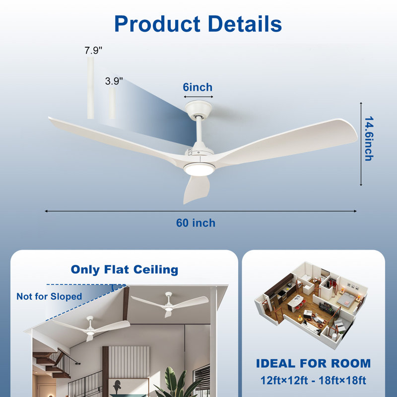 60'' White Modern Ceiling Fan Indoor/Outdoor Fan for Patios with Light and Remote Control 6-Speed Mute Reversible Motor Time