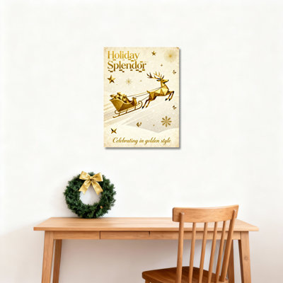 «Golden Reindeer Sleigh Holiday Splendor», reproduction d'art sur toile tendue sur toile, célébrant dans un style doré pour les décorations de Noël