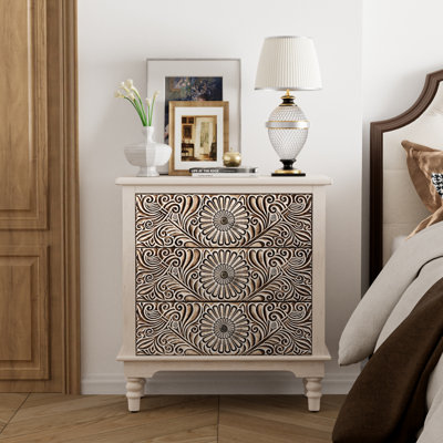  26”W Carved Wooden Nightstand with Three Drawers