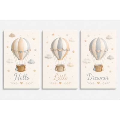 Large Set of 3 Hot Air Balloon Nursery Wall Art Hello Little Dreamer Canvas Prints Neutral Baby Boy Nursery Decor Kids Bedroom 16x24 Inch Canvas Print - Ready to hang