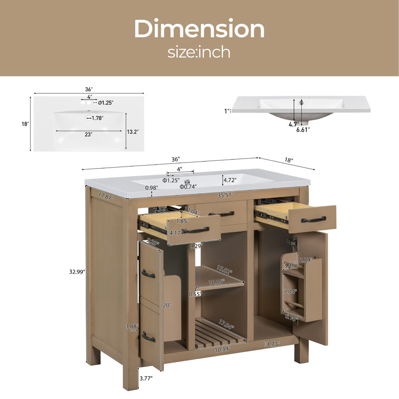 Meuble-lavabo simple 36 po avec plateau Lashekia, Bois