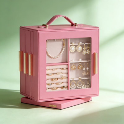 360° Rotating Jewelry Box Organizer With Transparent Window, Mirror & 7 Drawers - Large Storage Case For Necklaces, Earrings, Rings & More
