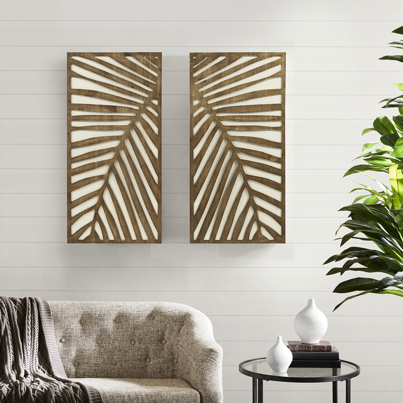 Birch Palms Two-Tone Wall Decor, 16X32", Of 2 Contrasting Panels With Leaf Ornament