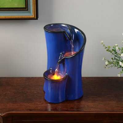 9.8" Tabletop Water Fountain Blue Ceramic-look With 3 Led Lights