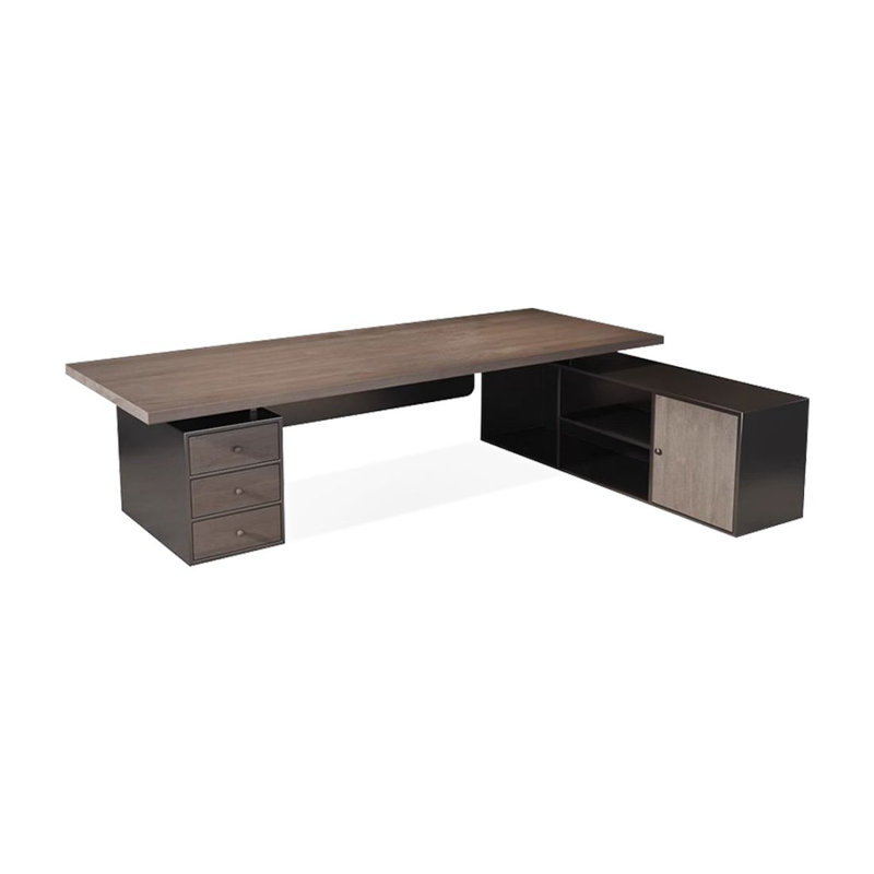 Bureau de direction en L en noyer massif avec tiroirs, Oui, 29.53"H*102.36"W*55.12"D