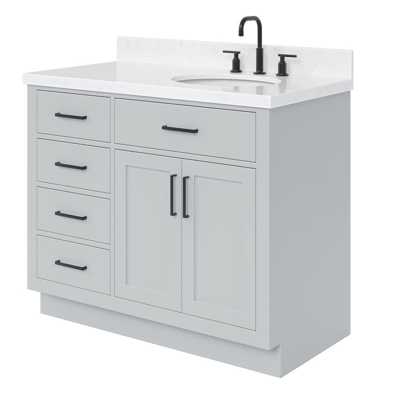 Meuble-lavabo simple en bois massif 42 po Tidworth avec plateau en quartz Carrara de 1,5 po, Oui, Ovale, Gris