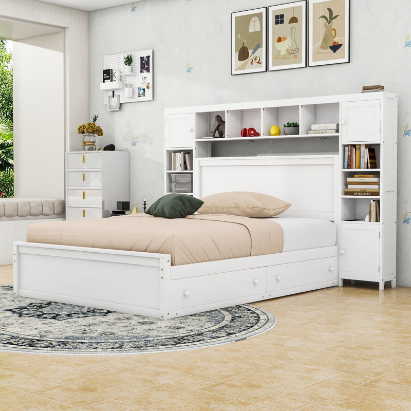 Wooden Platform Bed With 2 Drawers and Trundle and Cabinet, Full, White, Bed, 2 drawers, trundle