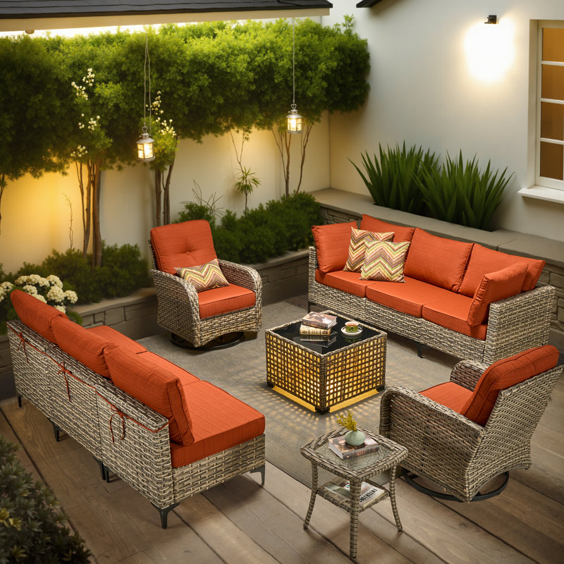 Rattan Outdoor Sofa 11-piece Set With Fire Pit, Orange, No