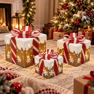 3-Piece Lighted Gift Boxes Christmas Decoration Set with Gingerbread Candy Design