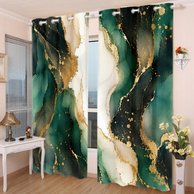 2 rideaux occultant avec œillets 2PCS, rideaux à motif abstrait en marbre lavé à l'encre or vert, isolation thermique, réduction du bruit, protection de la vie privée, habillage de fenêtre obscurcissant pour chambre à coucher