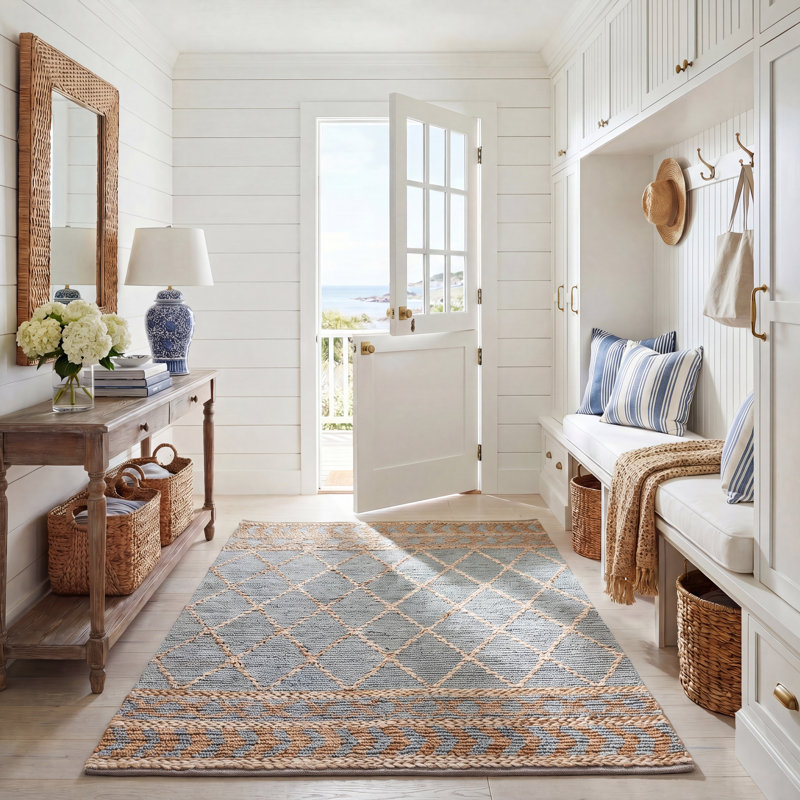 Phippsburg Geometric Handwoven Natural/Blue Area Rug, Rectangle 5' x 8'