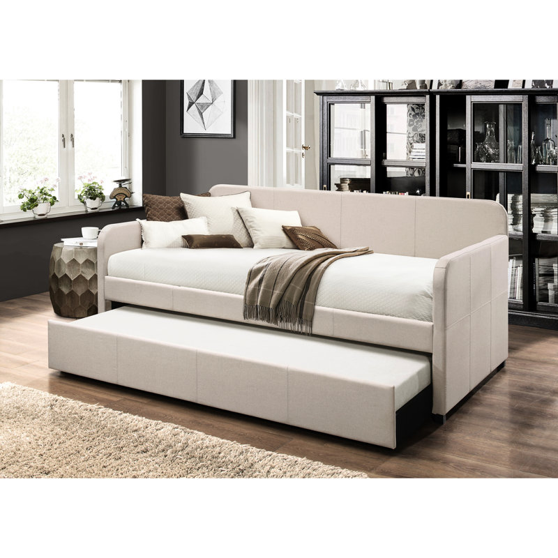 Upholstered Twin Daybed With Versatile Trundle - Fabric Covering, 35" Armrest Height, 330 Lbs Weight Capacity Covered, 8-inch Mattress Preferred