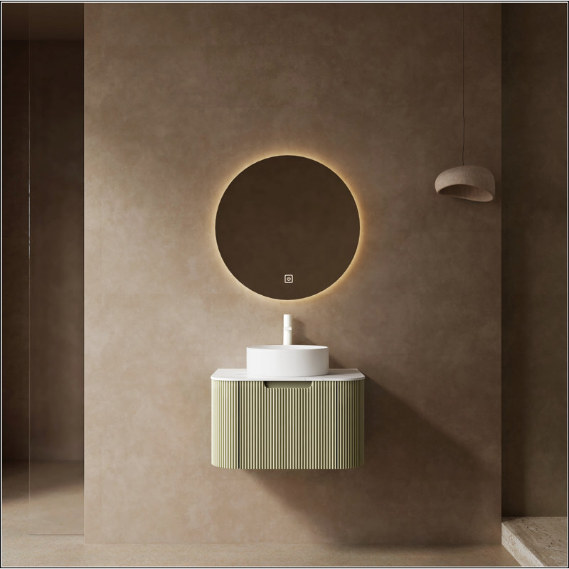Meuble-lavabo de salle de bain 24 po avec lavabo, meuble-lavabo mural moderne à bords arrondis et courbes avec tiroir, lavabo en marbre artificiel blanc sans robinet, pré-assemblé, vert clair