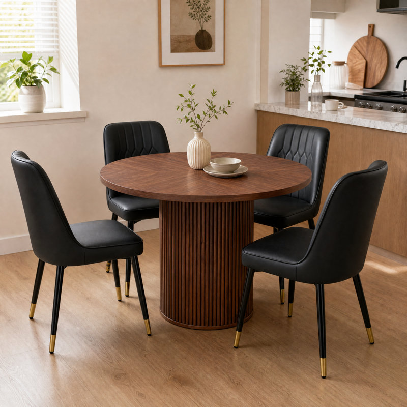 Ensemble de table de salle à manger 5 pièces en noyer avec piédestal caché, Noir