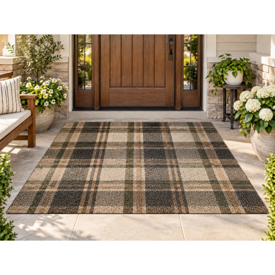 5' x 7' Outdoor Area Rug Plaid Check Beige Black Olive Heavyweight Waterproof PVC Coil Loop Carpet, Patio Rug Quick Dry Mat for Large Doormat Porch Deck Balcony Entryway RV Camping