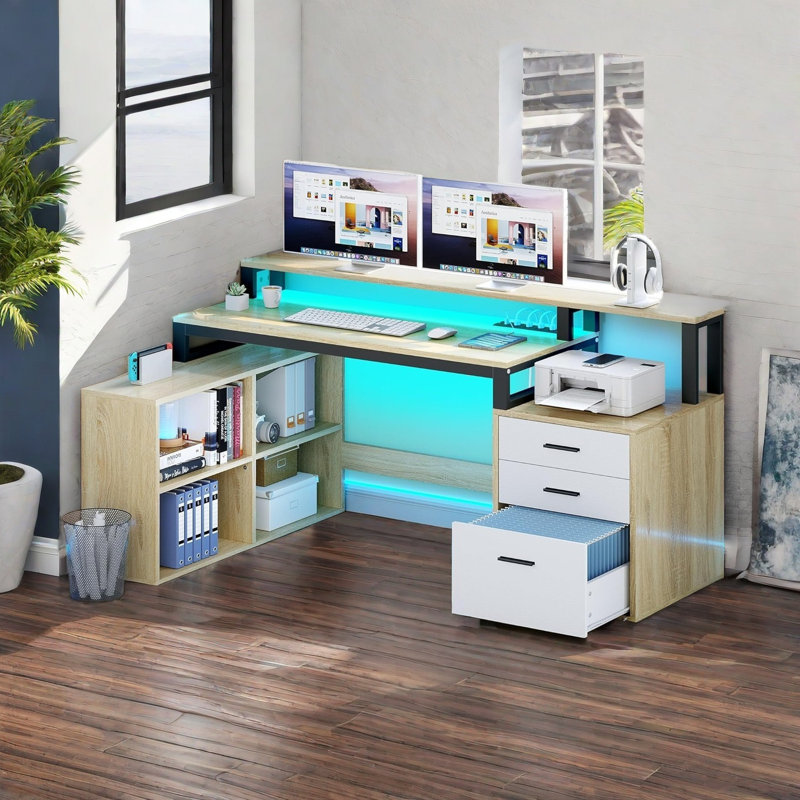 65'' L Shaped Desk With Power Outlets, LED Light & Monitor Stand, Gray