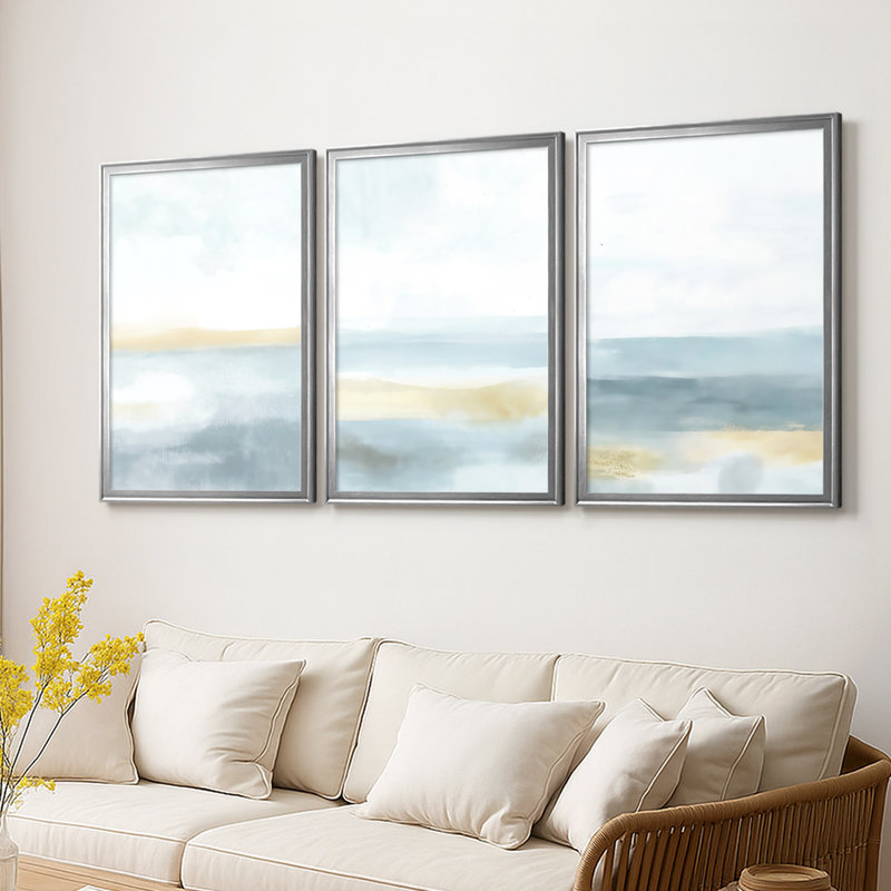 ABSTRACT Series DCCCLVI - Toile tendue avec châssis sur mesure - 3 pièces, Argent argent, H 19 po x l 27 po