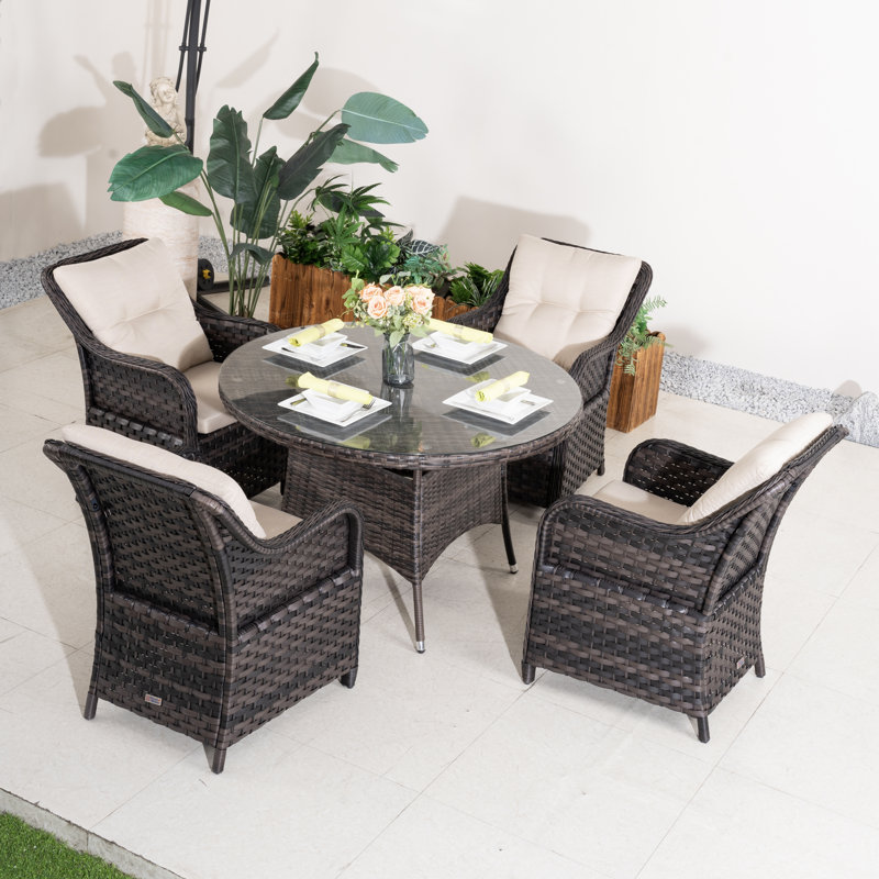 Ensemble repas pour 4 personnes en osier avec table ronde, coussins inclus