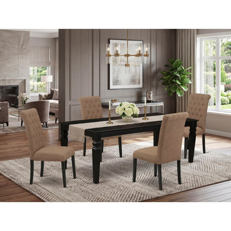 5 Piece Modern Dining Table Set Includes a Rectangle Wooden Table with Butterfly Leaf and 4 Light Sable Linen Fabric Parson Chairs, Black