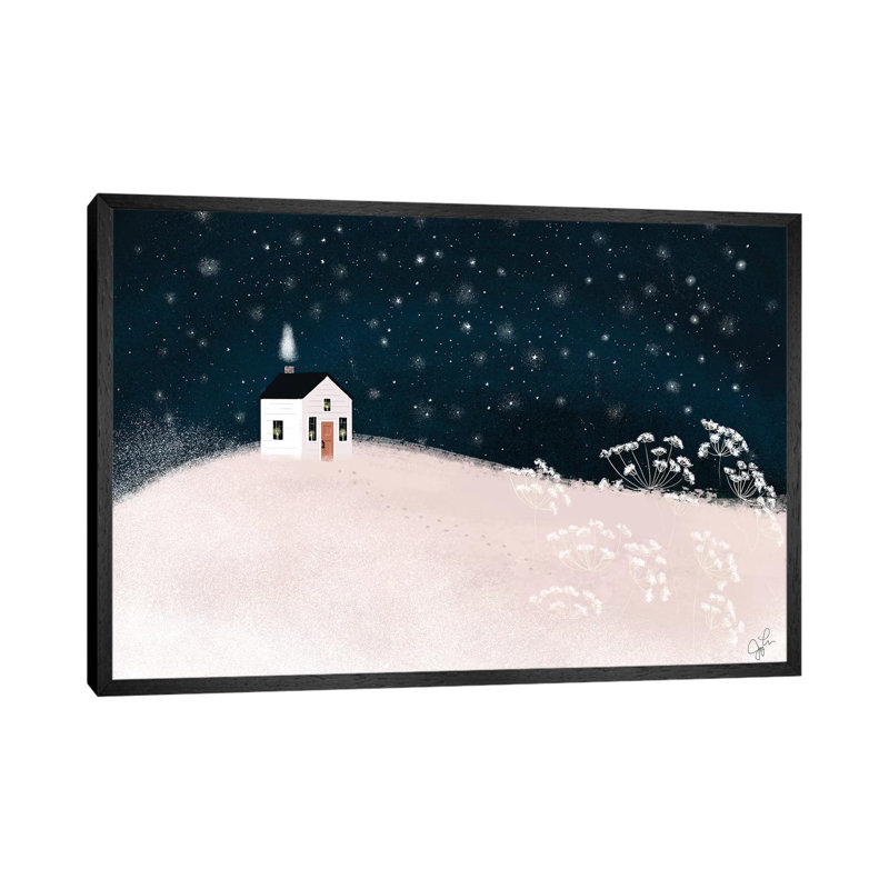 Starry Snowy Night by Joy Laforme - Painting on Canvas, Black Framed, 66.04cm H x 101.6cm W x 3.81cm D