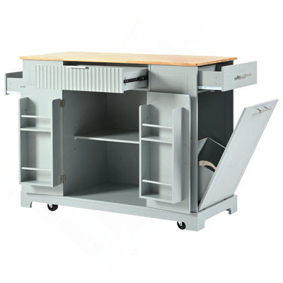 Fluted Kitchen Island with Trash Can Storage Cabinet, Power Outlet, Internal Storage Rack, Rolling Kitchen Islands on 5 Wheels with 3 Drawer, 3 Open Side Racks for 10 Gallon Garbage Bin