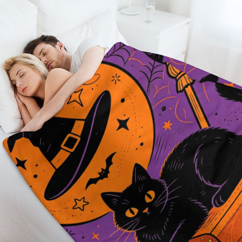 Jeté de chat noir sur flanelle de luxe orange, couverture douce et chaude pour le canapé-lit du salon, 40 po x 50 po