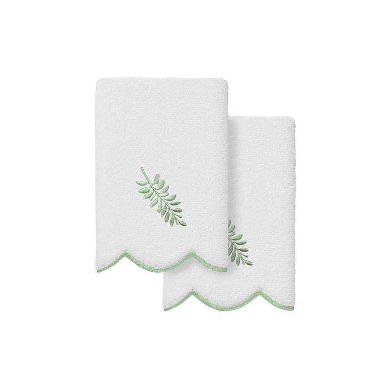  100% Turkish Cotton FERN TOSS Scallop 2PC Embellished Fingertip Towel Set, White/Green, Fingertip Towel - 2 Pack