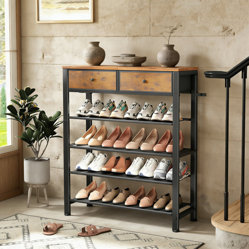 5 Tier Shoe Rack For 12-16 Pairs, With 2 Drawers, 3 Fabric Shelves And Wood Top, Organizer For Closet Entryway, Rustic Brown