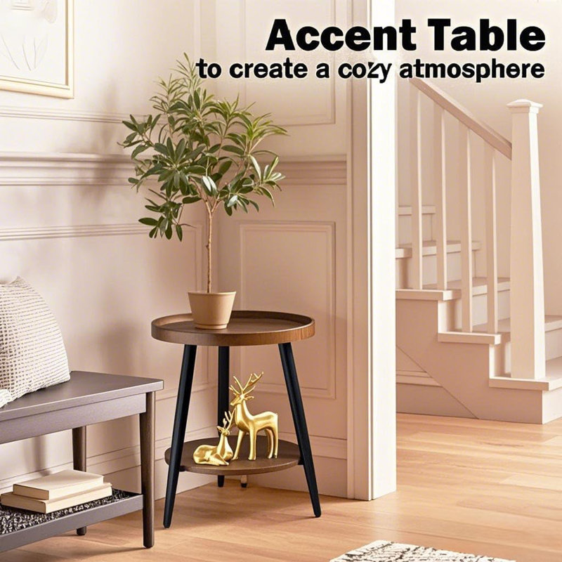 Round Side Table With 2-Tier Storage, Wooden End Table For Living Room With Metal Frame, Compact And Stylish Design