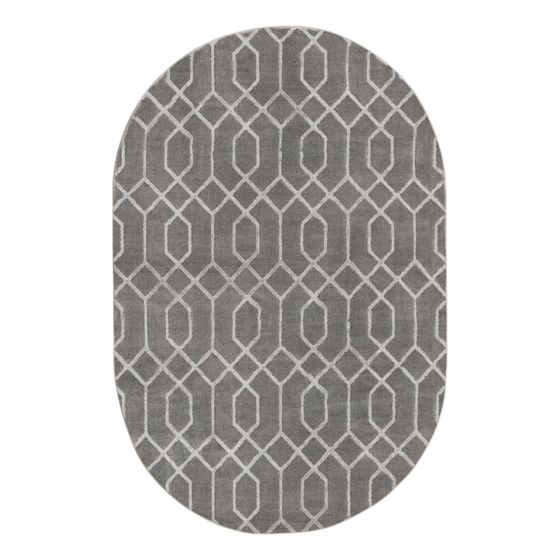 Glam Geometric Gray Silver Area Rug, Oval 5'3" x 8'