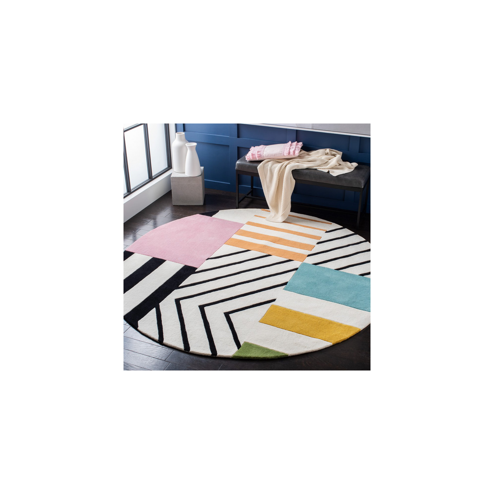 Tripoli Hand Tufted Wool Ivory/Black/Pink Rug, Round 3'