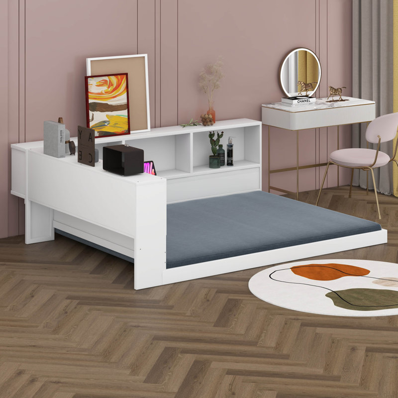 Queen Size Wood Daybed With Storage Shelves, USB And LED, White