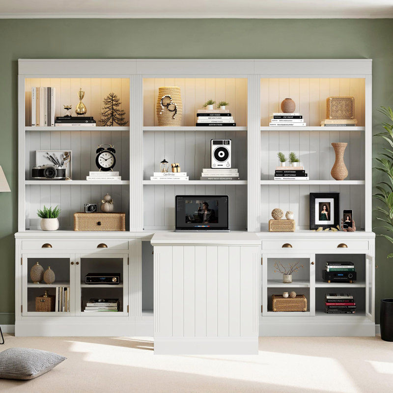 Ensemble de bibliothèque moderne 3 pièces, 83 po de hauteur avec éclairage DEL, portes et tiroirs en verre, panneau de fibres à densité moyenne blanc / bois massif pour le bureau à domicile