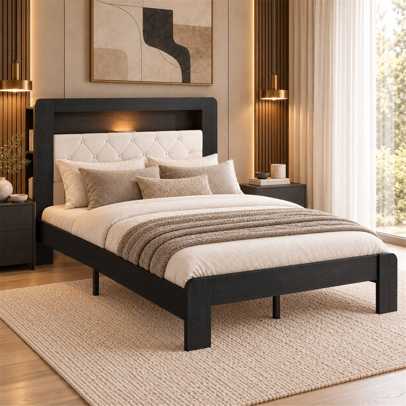 Structure de lit plateforme grand, cadre d'aspect bois noir avec velours doux, système de support à lattes en bois robuste, facile à assembler, aucun sommier requis, mobilier de chambre de luxe