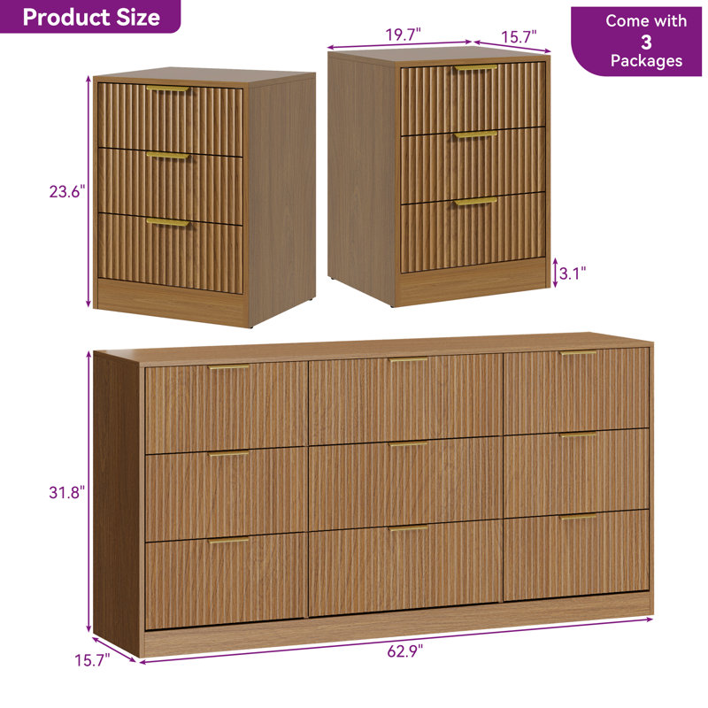 3-Piece 9-Drawer Dresser & 3-Drawer Nightstand Set, Light Walnut
