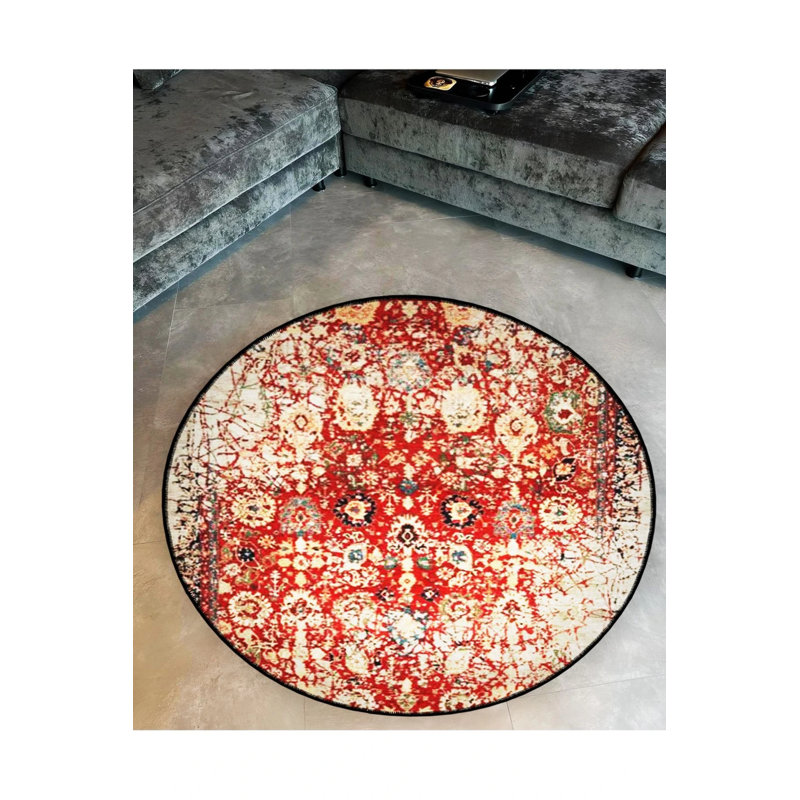 Red Beige Theme Traditional Motif Patterned Round Woven Base Vintage Decorative Carpet, Round 5'