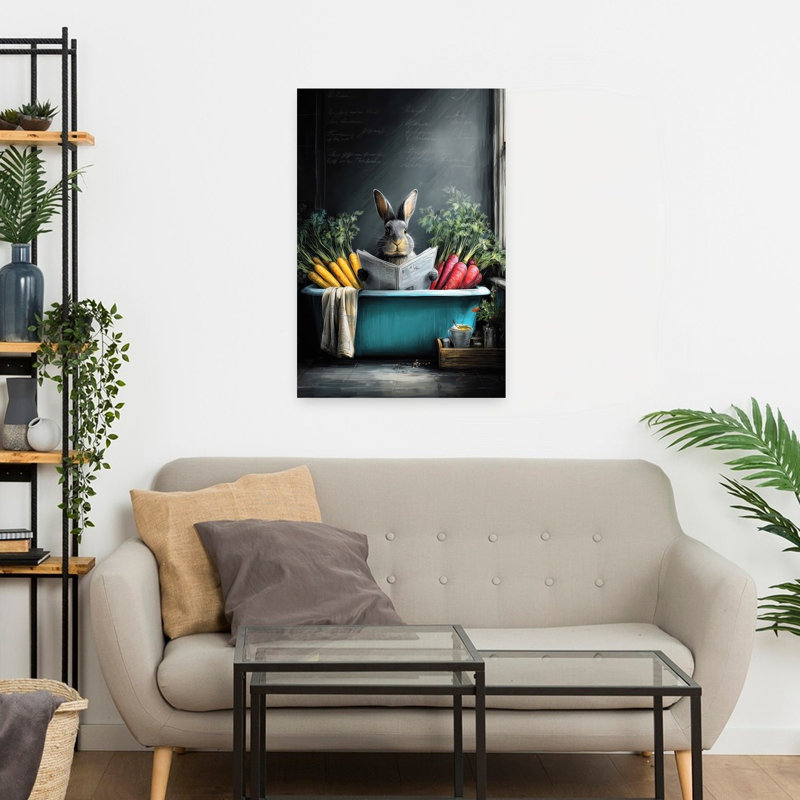 Lapin dans une baignoire contemporaine, art mural forêt, H 24 po x l 16 po