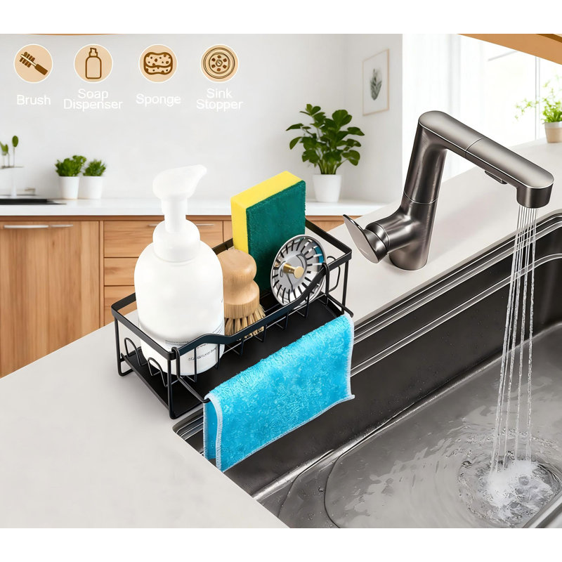 Organisateur de chariot de cuisine avec plateau de vidange automatique, porte-serviettes amovible, éponge de comptoir en acier inoxydable et porte-savon