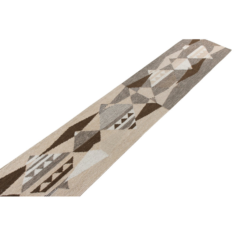 Scandinavian Hand Knotted Wool Geometric Area Rug, Runner 2'6" x 10'