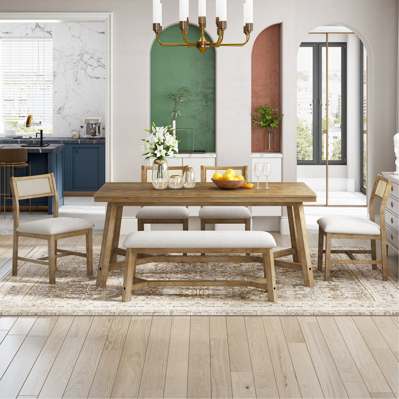 6-Piece Retro Farmhouse Style Dining Set, Rectangular Table And 4 Upholstered Chairs With Rattan And Bench For Dining Room And Kitchen (Natural Wood Wash)